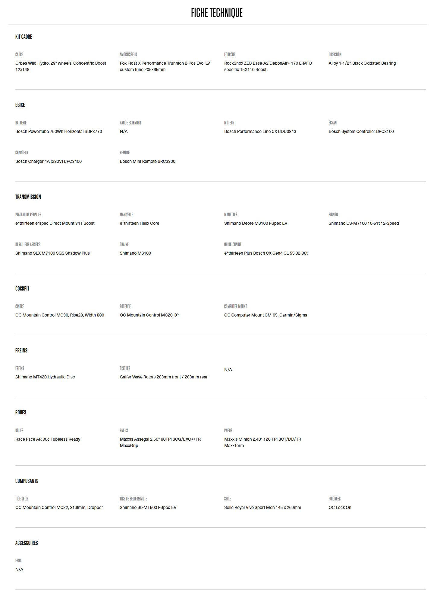 Caracteristique technique du Vélo électrique Wild H20 année 2026